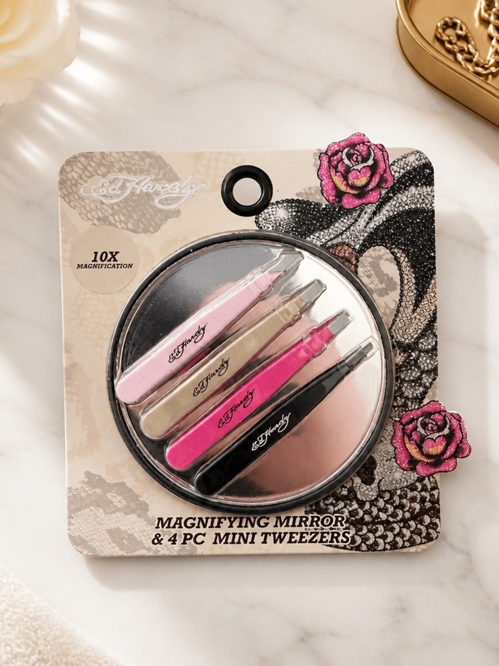 Ed Hardy 10X Magnifying Mirror & 4 Pc Mini Tweezers Set